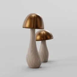 Bronze-capped wooden mushrooms, Blender 3D model, realistic texture detailing, depot-inspired decorative objects.