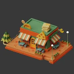 Detailed 3D restaurant model with exterior elements for Blender, optimized for motion graphics usage.