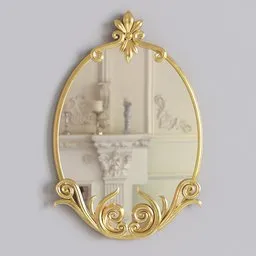 Detailed 3D model of an elegant Baroque-style ornamental mirror with intricate gold frame, designed for Blender rendering.