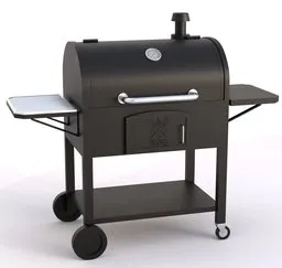 Detailed 3D model of a charcoal barbecue grill for Blender rendering, featuring wheels and side trays.