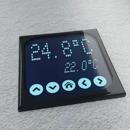 Digital thermostat 3D model with customizable display and controls, created for Blender rendering.
