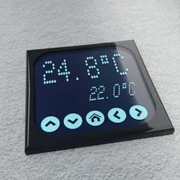 "Highly detailed 3D model of a thermostat for household appliances, created using Blender 3D. Features include a digital clock with a blue display, editable buttons and values, and a sleek jet black tuffe coat. Perfect for use in architectural visualizations and product shots."