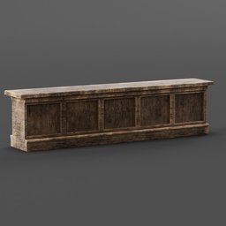 "Medieval-style Tavern Bar 3D model with rustic wooden bench, marble top, cabinets, and register. Perfect for Blender 3D enthusiasts looking to decorate their restaurant or bar scene. Bump mapped and textured in soft, dark muted colors for a weathered look."