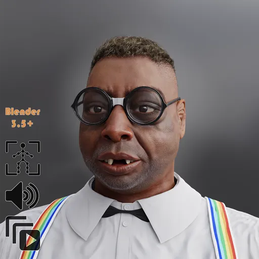 Detailed 3D character model in suit with rainbow suspenders, compatible with Blender, showcasing sculpting and texturing prowess.