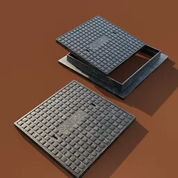 "Sanitary manhole cover designed for light duty, featured in Blender 3D. This 3D model showcases a close-up of the brown surface, with a gum rubber outsole, walkways, and a connector. Inspired by Christoph Ludwig Agricola, it is a well-designed exterior product ideal for architectural renders."