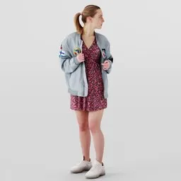 3D model of a young woman in a bomber jacket and dress, looking over her shoulder, created in Blender.