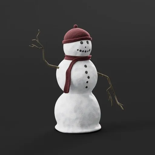 Realistic 3D render of a decorated snowman with a red hat and scarf, Blender compatible.