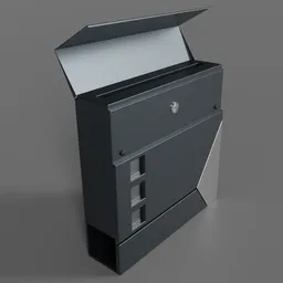 "Modern anthracite colored mailbox with a glass viewport and newspaper slot, 3D model for Blender 3D. Features a rotating flap to reveal mail opening, adding functionality to the design."