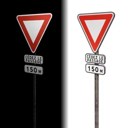 Detailed 3D model of a yield road sign with reflective texture for Blender rendering and night scenarios.