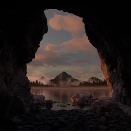 Cave by Glacier Lake and Mountains