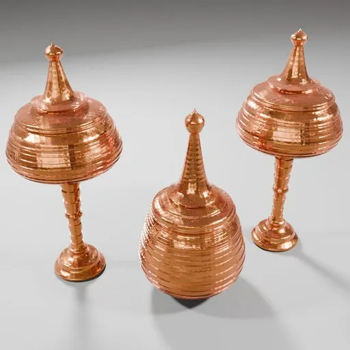 Detailed 3D models of ornate Persian copper dishes with lids, suitable for Blender renderings and decoration.
