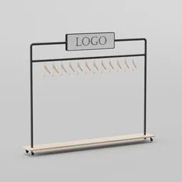 3D model of a modern retail clothing rack with customizable logo space, designed in Blender.