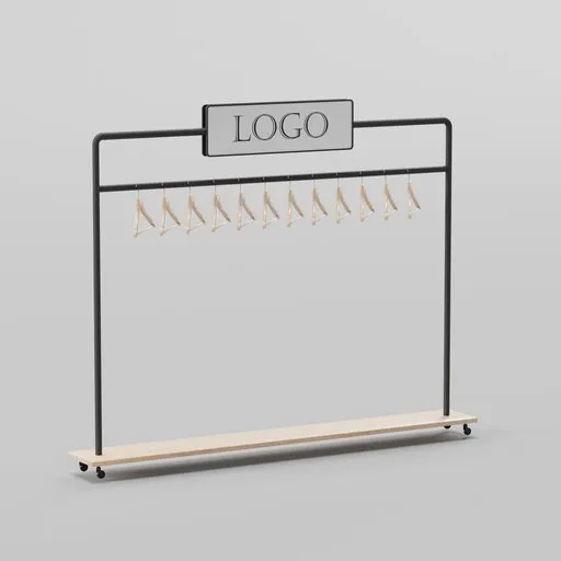 3D model of a modern retail clothing rack with customizable logo space, designed in Blender.