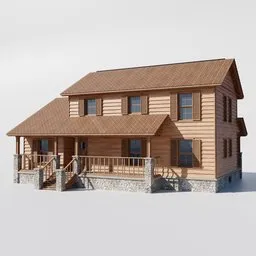 Detailed Blender 3D model of a classic two-story house with porch, high-quality linked mesh.