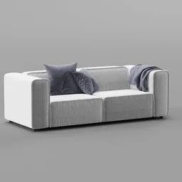 "A 3D model of a stylish square arm sofa with pillows and a blanket, created in Blender 3D. This detailed rendering is inspired by Jørgen Roed and features a nubile body, dolman, and checkmate rendering. Perfect for adding realistic furniture to your design projects."