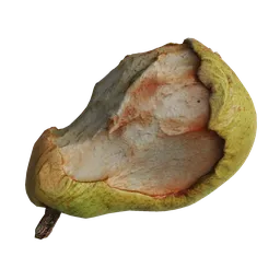 Detailed 3D photogrammetry model of a half-eaten, decaying pear, perfect for Blender 3D artists and unusual scene creation.