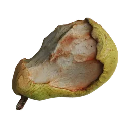 "3D model of a bitten pear scan for Blender 3D. Perfect for creating unique interior designs or adding to your collection of realistic fruit and vegetable models. This model showcases a withered, gray-skinned pear on a white surface."
