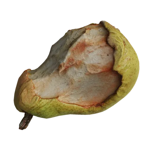 Detailed 3D photogrammetry model of a half-eaten, decaying pear, perfect for Blender 3D artists and unusual scene creation.