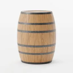 Detailed wood-textured 3D model of a storage barrel with metal bands, ideal for Blender rendering, maritime and cellar scenes.