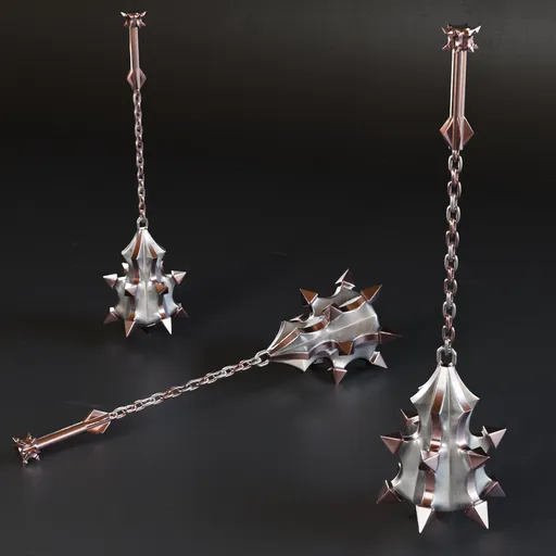 Detailed 3D mace models with high-quality metal textures, suitable for Blender war game designs.