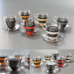 "Complete coffee glass set in Blender 3D - Small glass cups and saucers with color variations and volumetric liquid material. Cast shadow caustics for realistic lighting effects. Two material options for easy customization. Perfect for drink themed 3D models."