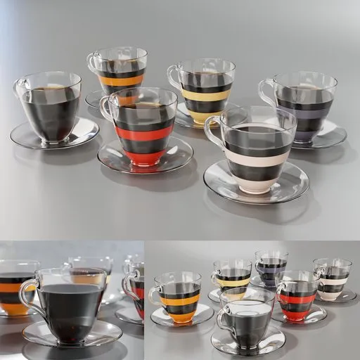 Blender 3D coffee glasses set with color bands, caustics, and volumetric liquid for rendering.
