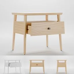 Detailed Blender 3D model render of a wooden nightstand with an open drawer, showcasing design and texture.
