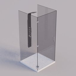 Realistic glass shower 3D model with metal fixtures and textured floor, suitable for Blender rendering.