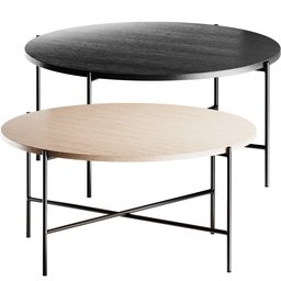 "Minimalist MICA Coffee Table with black and light wood tops designed by WestwingNow for Blender 3D. Official render by Daniel Ljunggren, featuring circular platforms and a nonbinary model. Perfect for contemporary apartment settings in the near future with its stylized aesthetics and black gold color scheme."