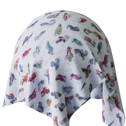 High-resolution 4K PBR textile texture with colorful bird patterns for 3D Blender material resource.
