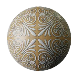 Ivory and wood PBR texture with Flourish Ornament design for 3D modeling in Blender, featuring smears and displacement.