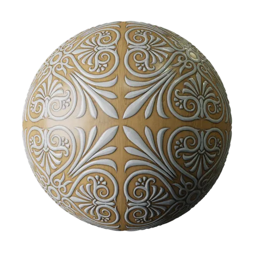 Ivory and wood PBR texture with Flourish Ornament design for 3D modeling in Blender, featuring smears and displacement.