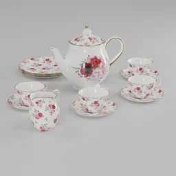 "Enhance your kitchen with this exquisite Rose Tea Set, featuring a beautiful rose pattern on white china. This 14-piece set includes tea and coffee cups, saucers, and an ornamental bow. Created with Autodesk 3ds Max and rendered in Unreal Engine 5, this 3D model adds a touch of elegance to any virtual space."