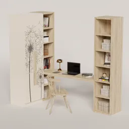 "Decor 3D model for Blender 3D - Hall category - featuring a cream and white color scheme, desk with a chair, bookcase with a laptop, and lockbox. Inspired by Guity Novin and designed with photorealistic resolution by Raffaele Ossola, this cozy student bedroom also features a beautiful adult book fairy."