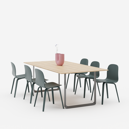 "Muuto Table and Chair Models with Kink Vase 3D Render in Blender 3D - Perfect for Kitchenette, Conference Room, or Classroom. Sleek Design with Interconnections and PVC Poseable technology. Created using Unreal Engine by expert designers Hannah af Klint with 1:1 Aspect Ratio and included Green Diecut."