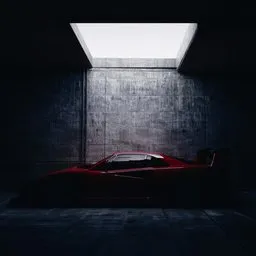 Realistic 3D-rendered garage showroom scene with dramatic lighting and a red sports car, perfect for car visualization.