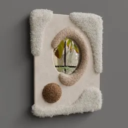 3D-rendered fluffy decorative mirror with hair particle simulations, optimized for Blender, with a focus on design and performance.