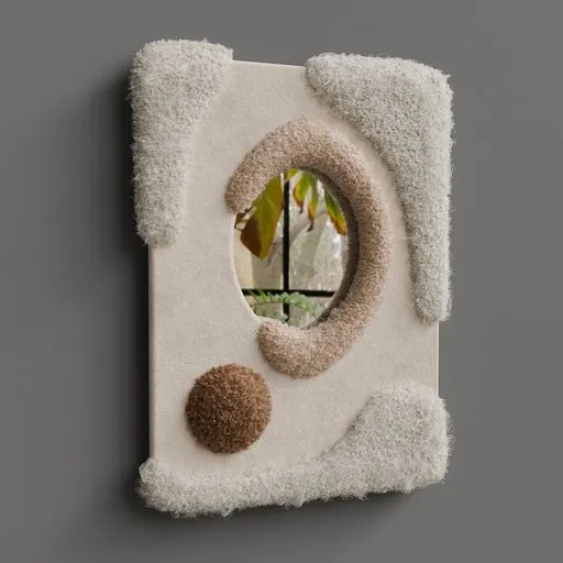 3D-rendered fluffy decorative mirror with hair particle simulations, optimized for Blender, with a focus on design and performance.