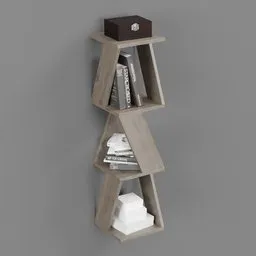 Detailed wooden corner shelf 3D model with books and decorative items, compatible with Blender.