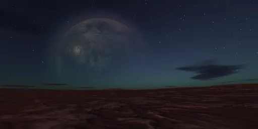 Twilight on alien terrain with a large planet and stars, ideal for CG scene lighting.