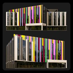 Vibrant 3D model of a modern office building with a multicolored facade, designed for Blender rendering.