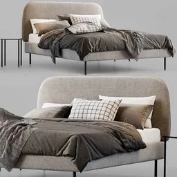 "IKEA WADHEIM Bed - A stylish Swedish design with steel gray body and asymmetrical shape, depicted as a 3D render. Includes a close-up view with multiple pillows. Ideal for Blender 3D modeling, featuring vray and Arnold compatibility, as well as a 360-degree panorama render option."