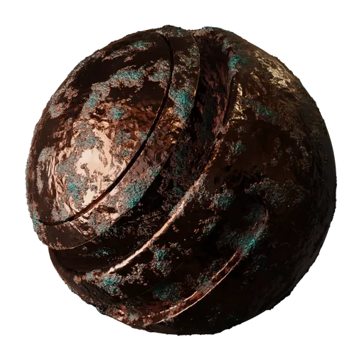 Verdigris Patina Copper PBR material for 3D rendering, featuring intricate textures and realistic metal finish, suitable for Blender.