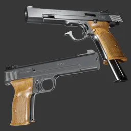 Detailed 3D model of a handgun with wooden grips, riggable parts, magazine, and 4K textures for Blender rendering.