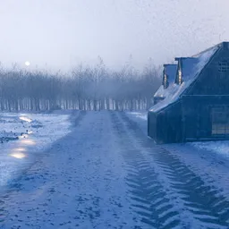 Atmospheric Winter Road Cabin Scene
