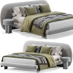 "Blender 3D model of the Wabi Saba italia bed with green blanket and white bed frame, designed with glass and metal accents. This high-quality product image includes a dynamic layout, front, back, and side views, and a circular anthropomorphic shape in grey. Rendered using Cycles with 489,940 polys and units in centimeters, with unwarp applied and dimensions of 240x248x97H."