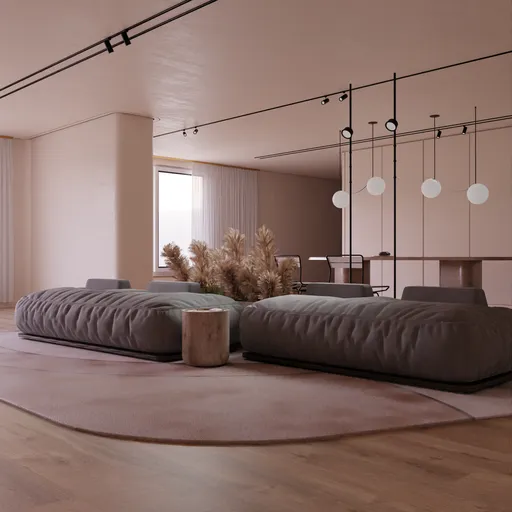 Modern 3D-rendered living room with serene color scheme and pampas grass decor.