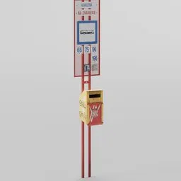 Detailed 3D model of a bus stop with a timetable sign and attached trash bin, compatible with Blender for urban scene design.