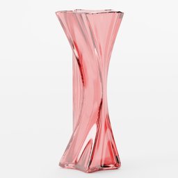 "3D realistic glass flower pot for Blender 3D, perfect for presenting artificial or real flowers on a side table or bed. Pink vase on a white surface with holographic texture, clear lines, and flowing fins. Photo-realistic and polished design available on BlenderKit under the 'photo' category."