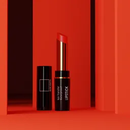 Luxurious 3D-rendered lipstick with elegant pillar design, showcased in monochromatic red for high-end product visualization.
